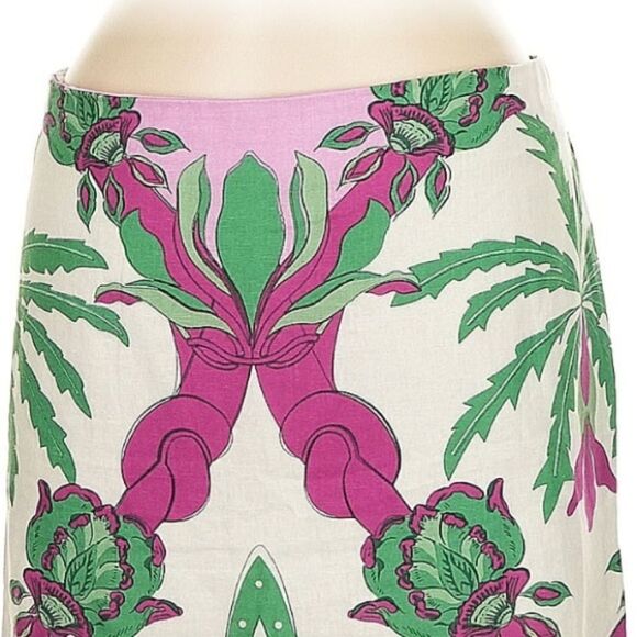 New Caroline Constas multicolor palm tropical Linen Pink Green Midi Skirt Medium - Picture 4 of 13